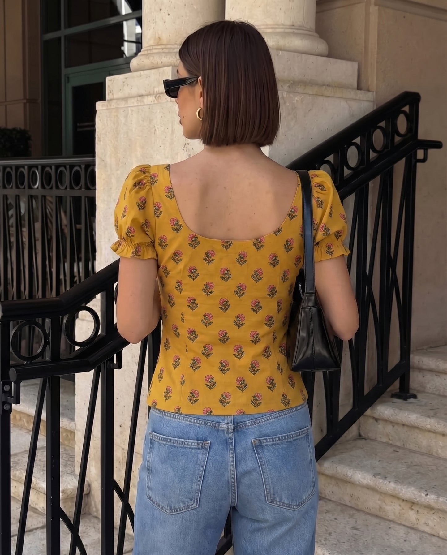 topwear,tops,ethnic, indo-western,ethnic wear, festive wear, indian wear, summer, casual,woven,poly cambric,printed,mustard yellow,floral print,slit in front,button ,skinny fit,slim fit top,waist length,curved hem,diamond neck,no straps,puff sleeves,short sleeves	OY2099, 25070053GG