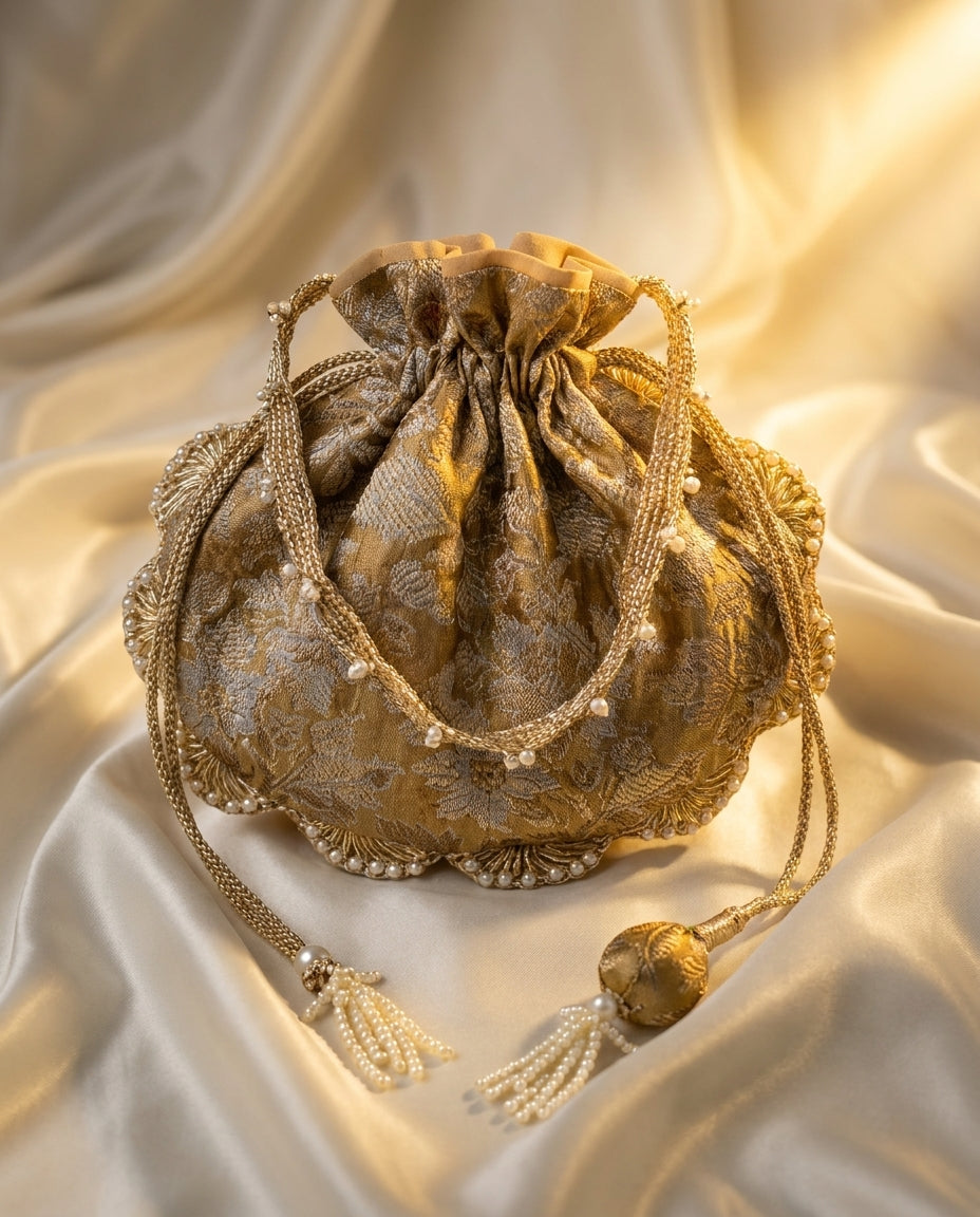 Gold Brocade Potli Bag with Gold Tassel