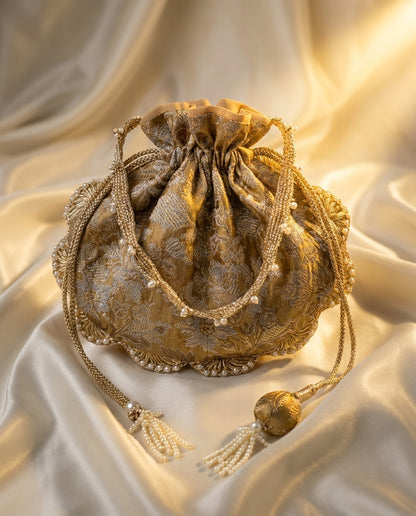 Gold Brocade Potli Bag with Gold Tassel
