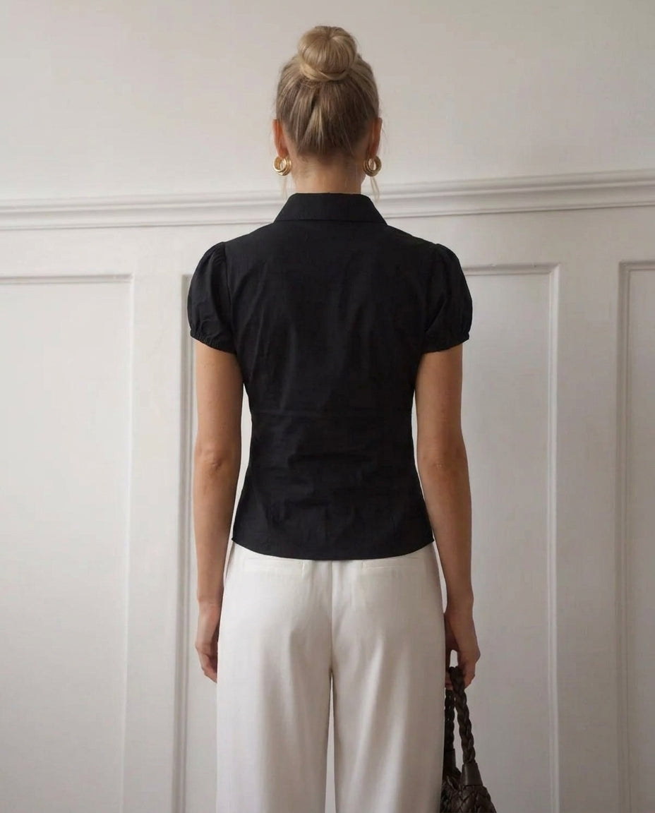 Black Puff Sleeve Cinched Shirt