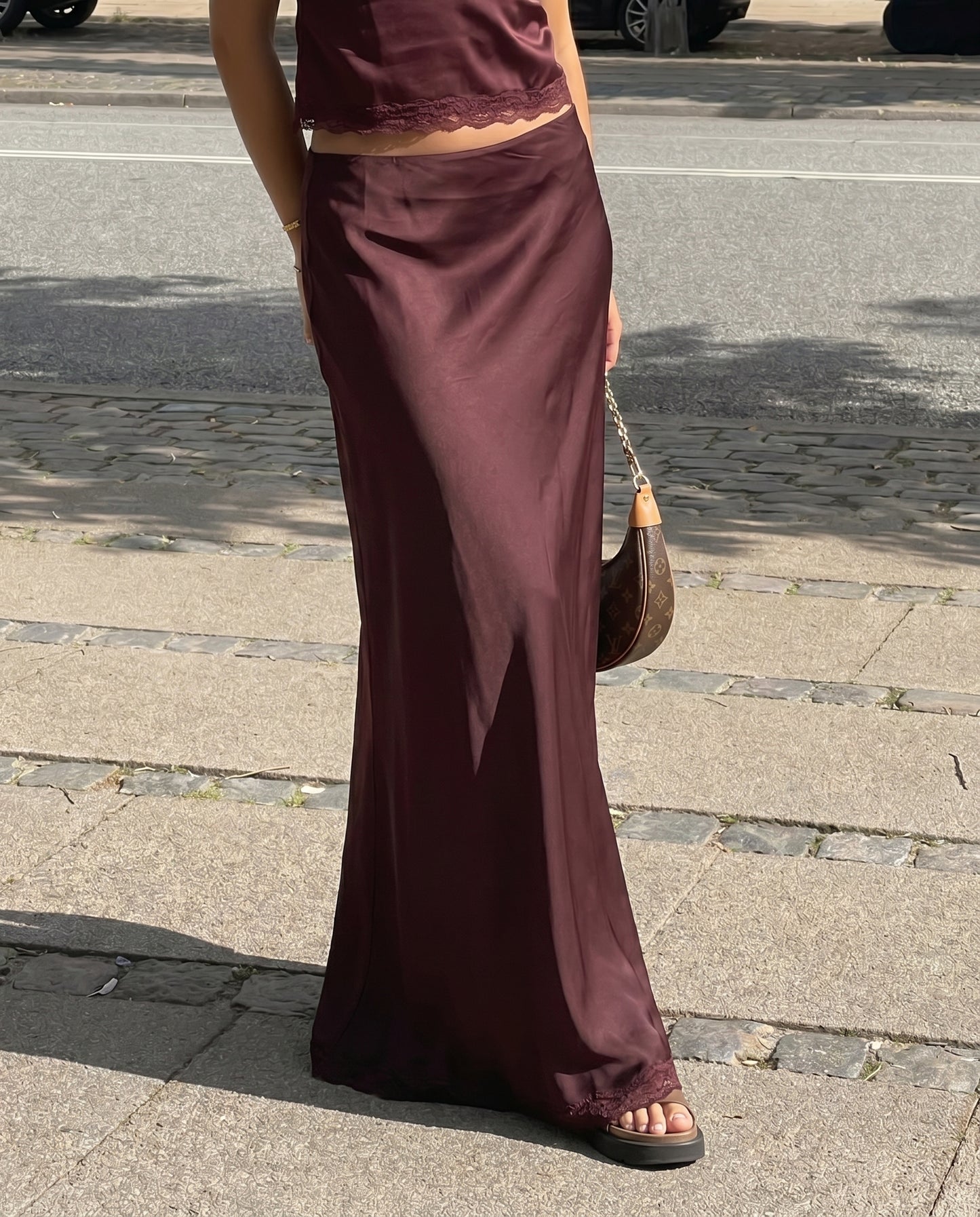 coord sets,bottomwear, topwear,casual chic, vacation, outdoor events, minimal, summer, urban fit, bold, ,knitted,woven,maroon,solid,laced,laced,slim fit top,fitted top,waist length top,scalloped hem,cami neck,adjustable straps,no sleeves,no sleeves,slip on,skirts,straight skirt,full length,straight hem,mid rise waist,no pockets,OY3063, 25070032GG