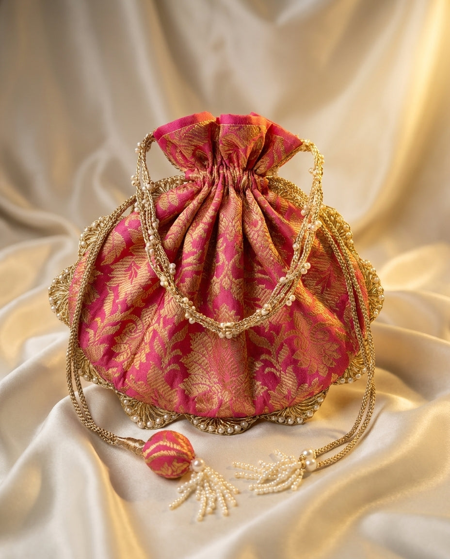 Pink Brocade Potli Bag with Gold Tassel