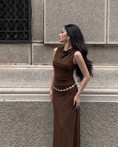 coord sets,tops,casual,summer,knitted, stretchable,ribbed,brown,solid,gathered,skinny fit,fitted,regular,crew neck,long sleeves,24110027GG, OY305