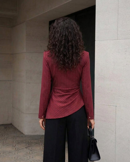 Pinstripe Asymmetric Hem Shirt-Red