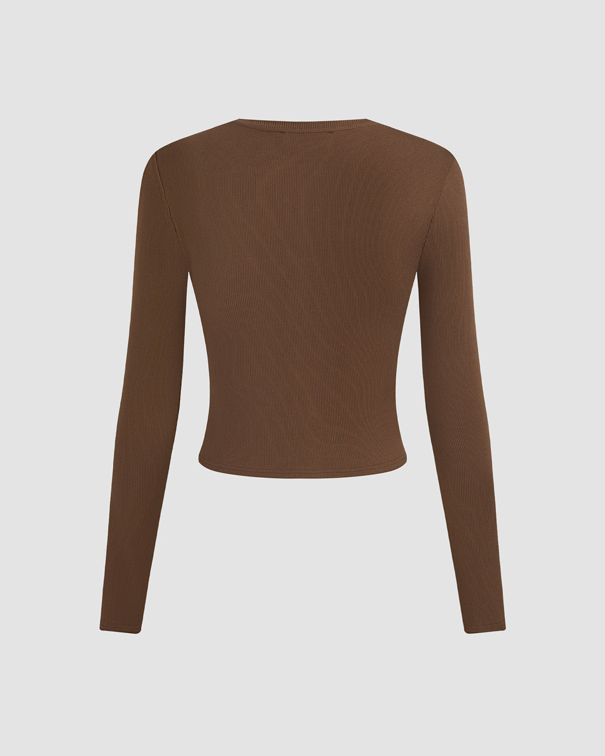 topwear,tops,casual, casual chic, vacation,minimal, summer,knitted, stretchable,ribbed,,brown,solid,gathered,button,skinny fit,button down,waist length,asymmetric hem,crew neck,no straps,set in sleeves,long sleeves	25080014GG, oy2152