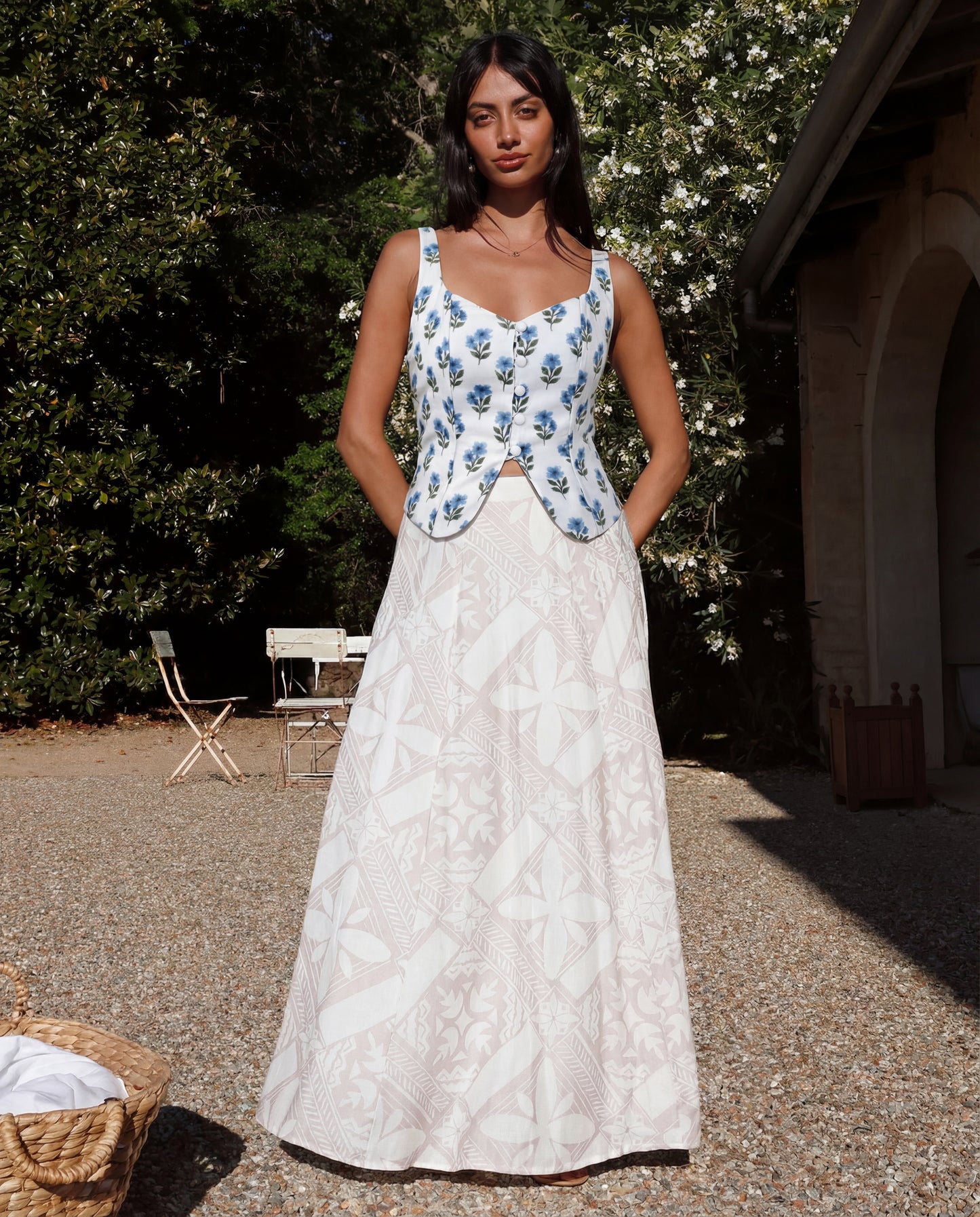 Floral, printed, summer season, corset,topwear,tops,casual,gen z, summer,streetwear, breathable, solid, button,slim fit,fitted,waist length, blue, white, spring, OY3007