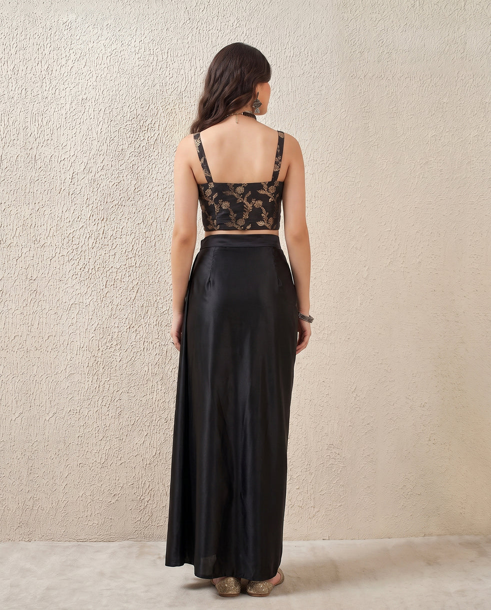 Satin Silk Draped Skirt - Black