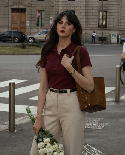 Polo Crop Tee - Burgundy