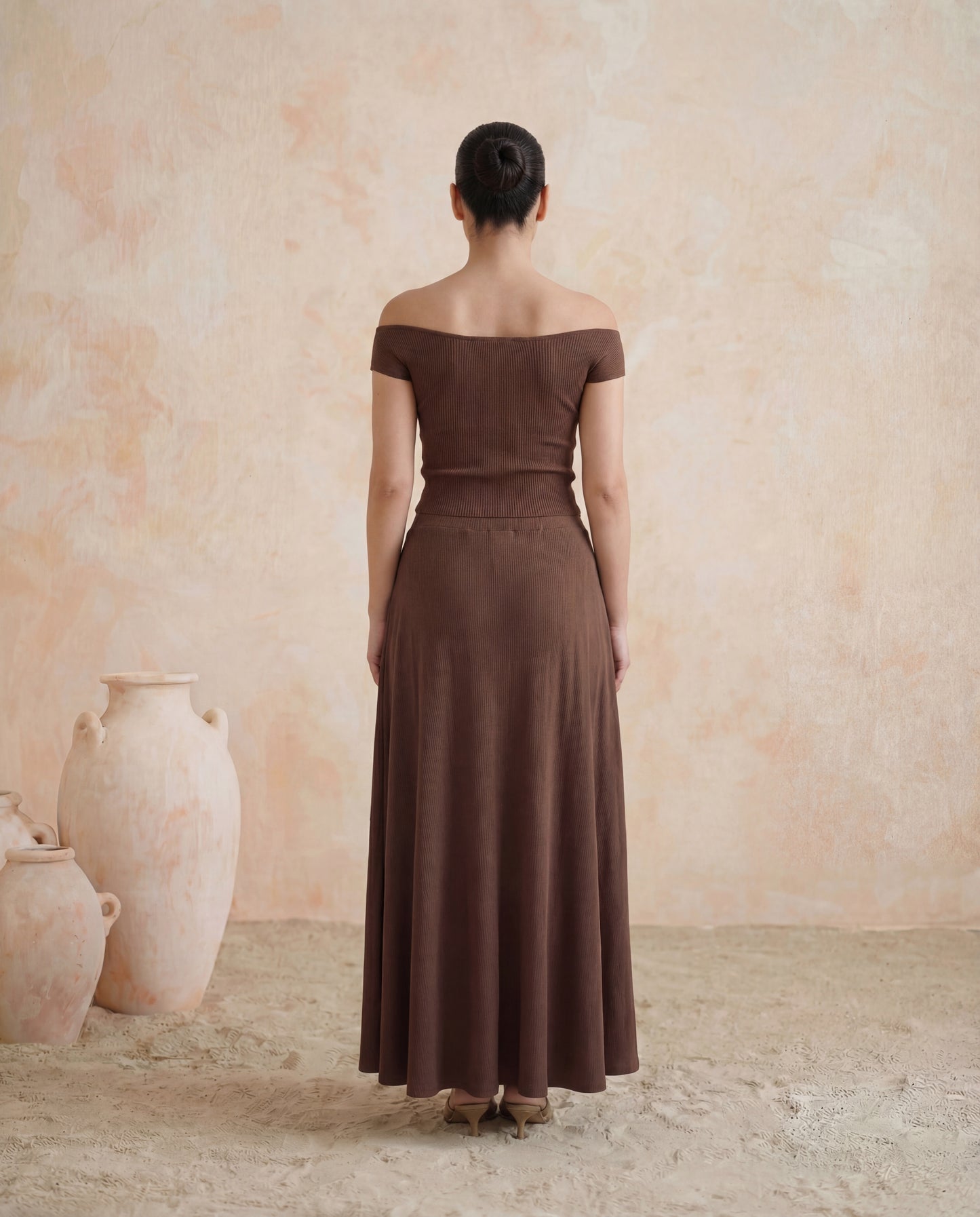 Brown Ribbed Knit Off Shoulder Top And Maxi Skirt Set
