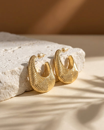 Golden Ribbed Drop Hoop Earrings