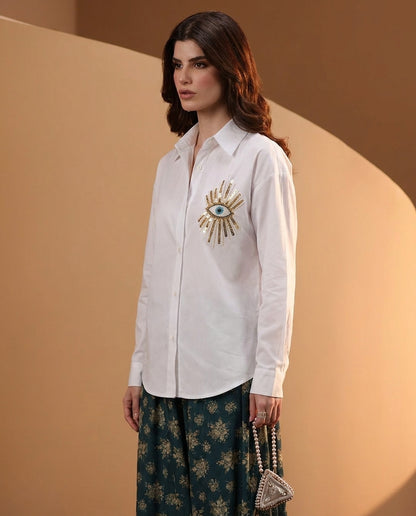 White Evil Eye Embellished Shirt