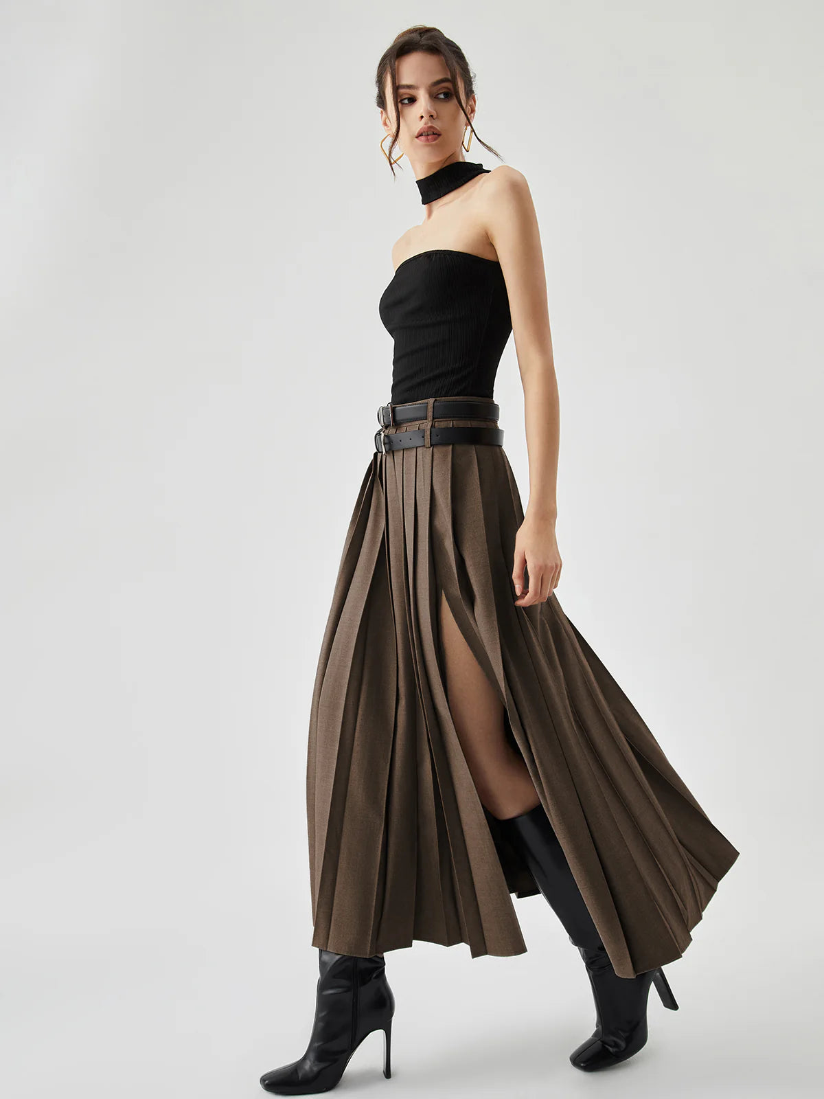 Brown Pleated Split Skirt With Two Detachable Belts
