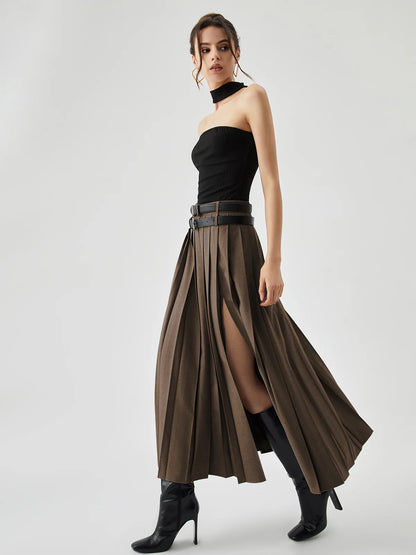 Brown Pleated Split Skirt With Two Detachable Belts