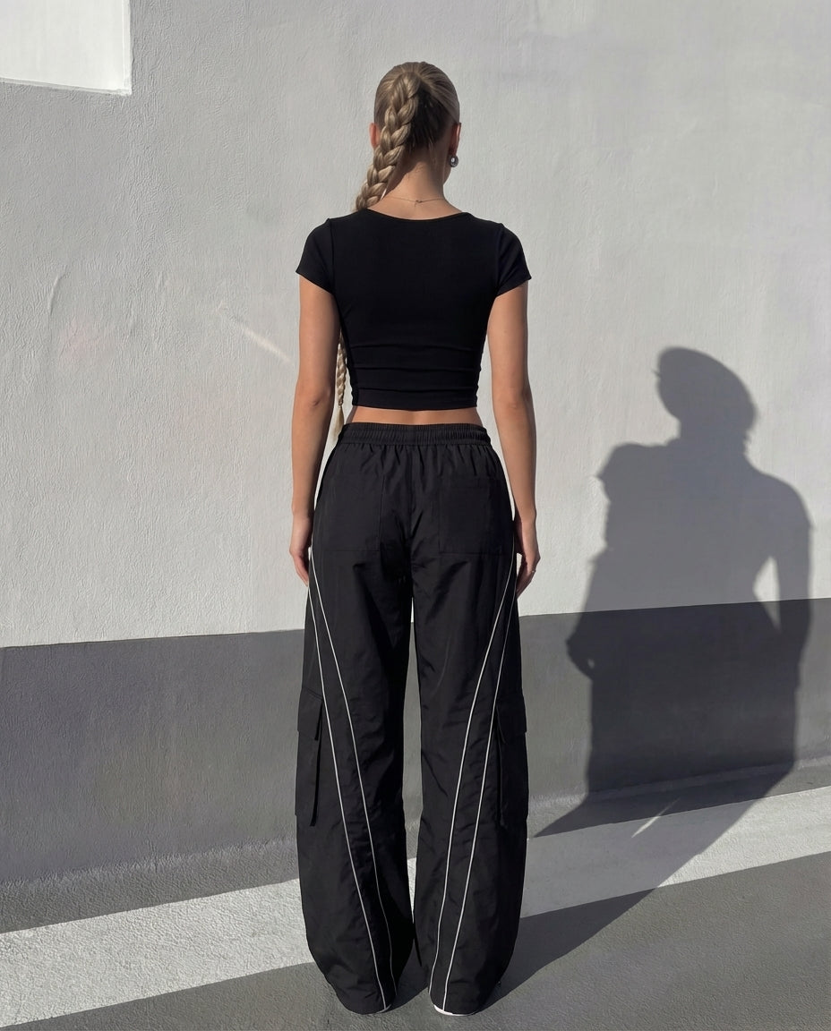 Sweet Heart Neckline Ribbed Top With Stripped Baggy Korean Pants