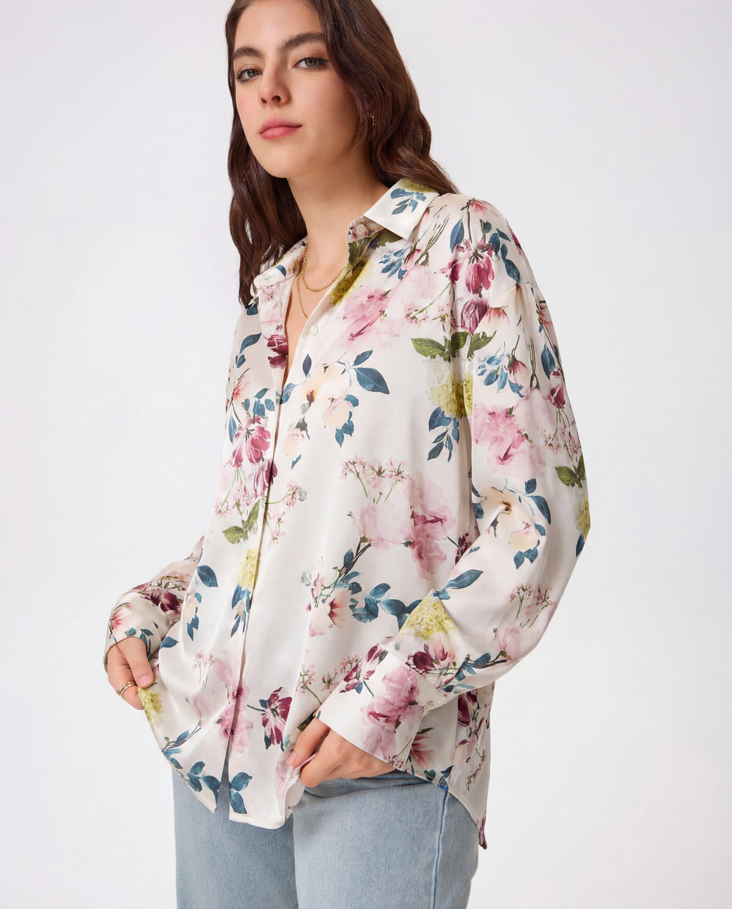 White & Multicolor Florals Satin Shirt