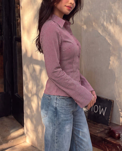 Burgundy Gingham Check Flared Sleeve Fitted Shirt