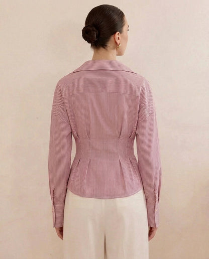 Burgundy Stripe Shirt With Cinched Waist