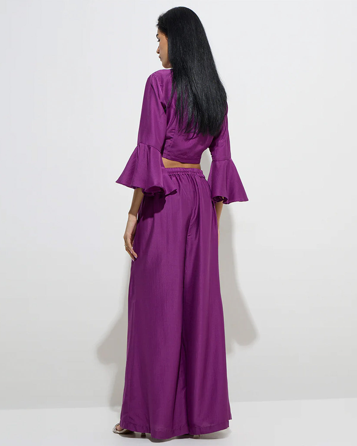 coord sets,bottomwear, topwear,party, outdoor events,festive, glam, indo western, minimal, soft girl,woven,santoon,embroidered,plum,solid,panelling,bead, rhinestone,regular fit top,crop top,crop top,flared hem,lapel collar,no straps,flounce sleeve,three quarter sleeves,button up,pants,panelled flare pants,full length,flared hem,mid rise waist,oy3033,25070060GG