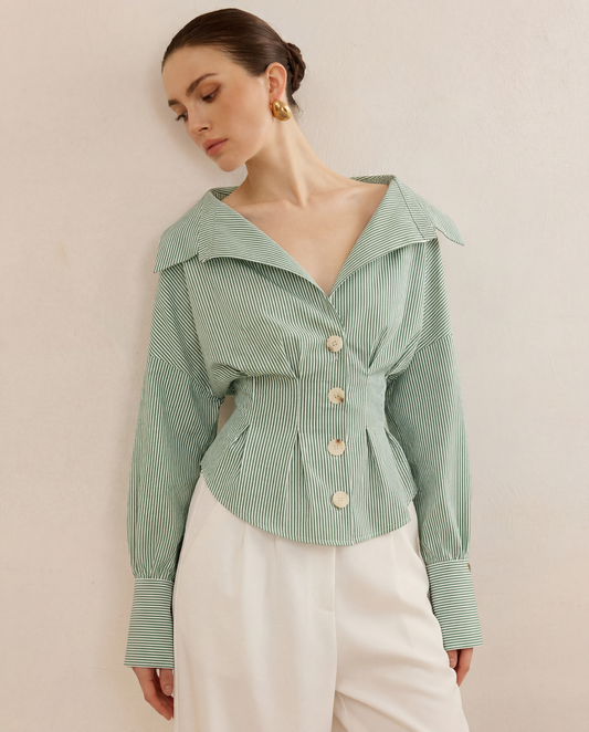 Green Stripe Shirt With Cinched Waist