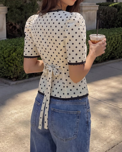 offwhite polka dot Lace-Trim Top