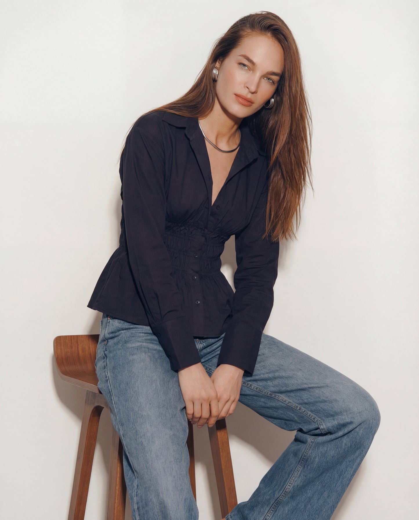 Black Smocked Waist Fitted Shirt