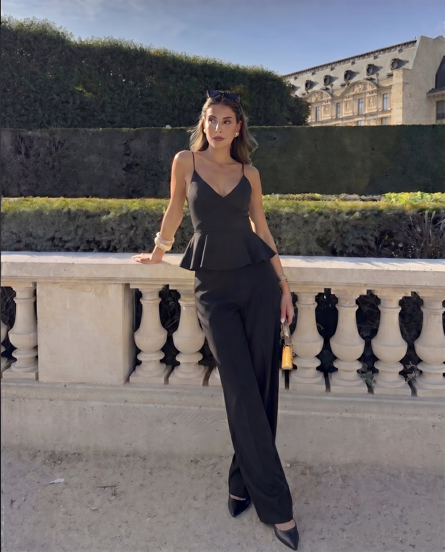Black Spaghetti Cotton Top and Smocked Detail Korean Trousers