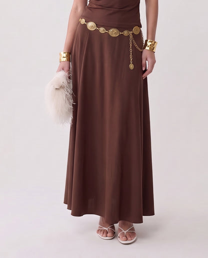 Brown Fitted Knot Shoulder Top & Skirt Set
