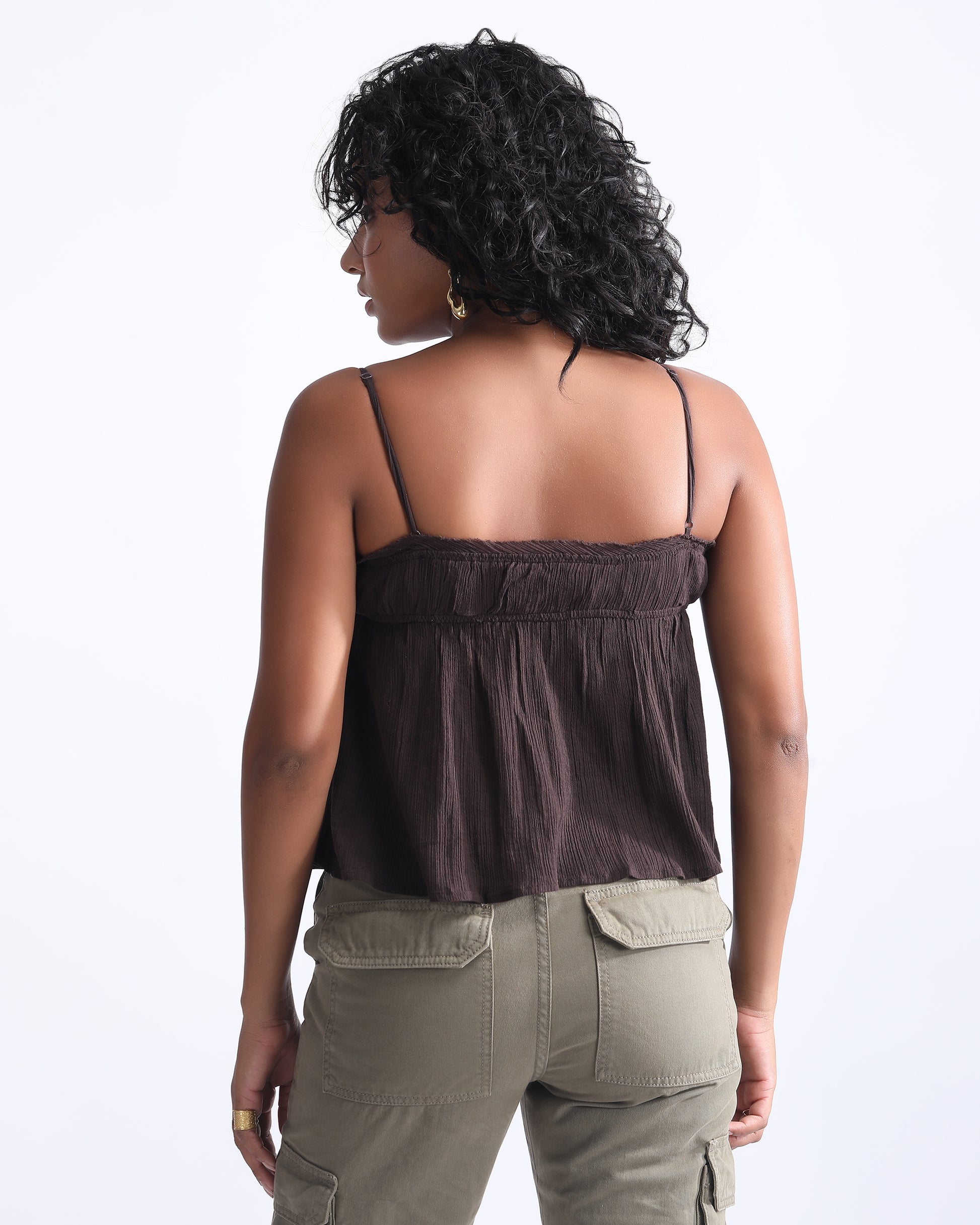 PEPLUM CRINKLED TOP,brown, cotton, crinkled, crop, off white, peplum, regular fit, ruched, ruched waist, shoulder strap, spaghetti straps, sweetheart neck, tank tops, textured, tops, topwear, white,peplum-crinkled-top-brown,Neck - Sweetheart neckSleeve - Shoulder strap Fit - Regular fitPrint/Pattern - Solid Color - BrownType - Peplum Material - Cotton Detail - Crinkled fabric