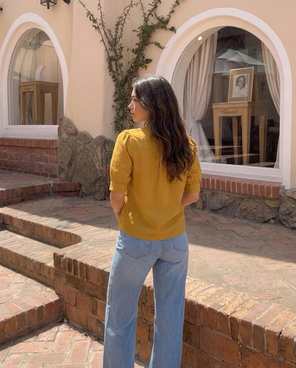 Mustard Mandarin Collar Puff Sleeve Top