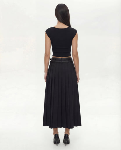 Double Belted Pleated Skirt with Sweet Heart Neck Top Set