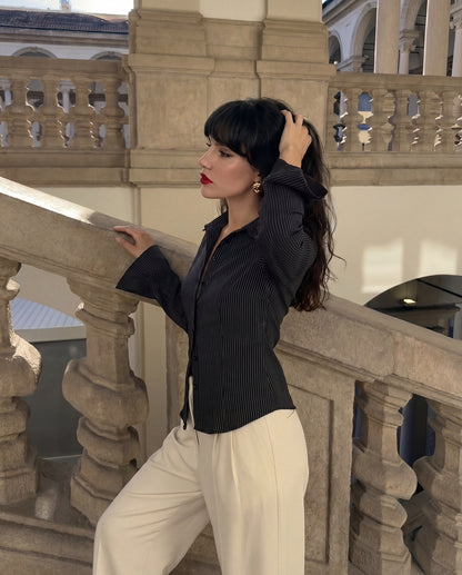 Flared Sleeve Fitted Shirt - Black