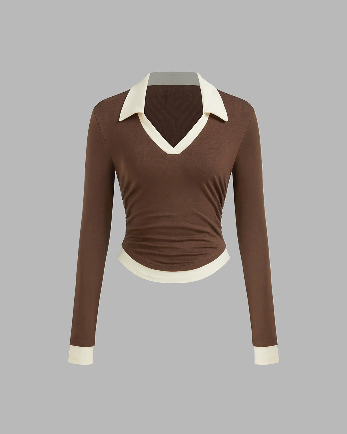 topwear,tops,casual, casual chic,gen z, millenial, minimal, summer,knitted, stretchable,ribbed,brown,color block, solid,contrast,slim fit,fitted,waist length,straight hem,collared,no straps,set in sleeves,short sleeves, OY2154, 25080016GG