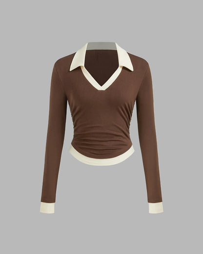 topwear,tops,casual, casual chic,gen z, millenial, minimal, summer,knitted, stretchable,ribbed,brown,color block, solid,contrast,slim fit,fitted,waist length,straight hem,collared,no straps,set in sleeves,short sleeves, OY2154, 25080016GG