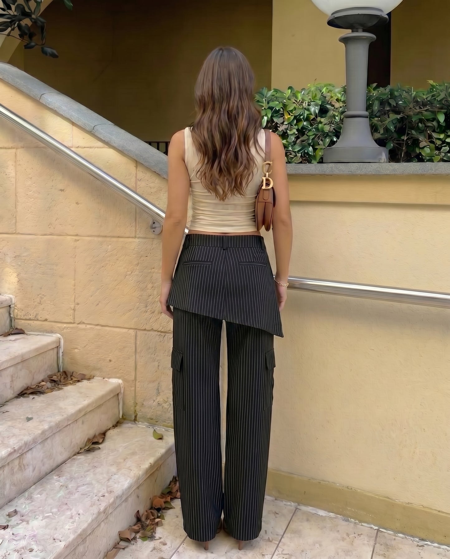 Black Striped Trousers With Skirt Detail