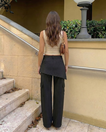 Black Striped Trousers With Skirt Detail
