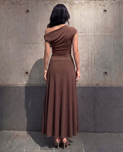 Brown Fitted Knot Shoulder Top & Skirt Set
