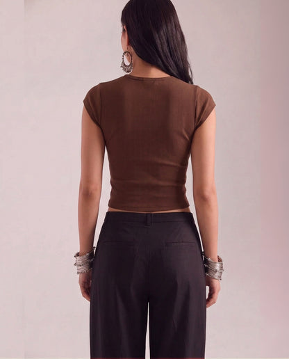Brown Cap Sleeve Crop Top