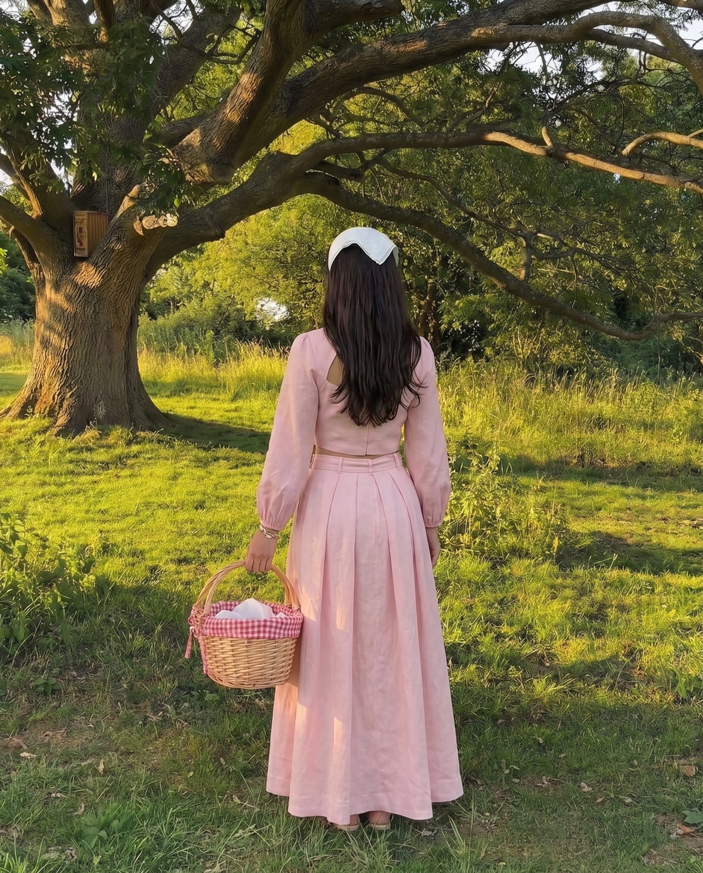 Soft Pink Balloon Sleeves Linen Top and Skirt Set