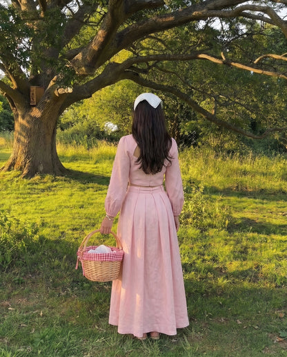 Soft Pink Balloon Sleeves Linen Top and Skirt Set