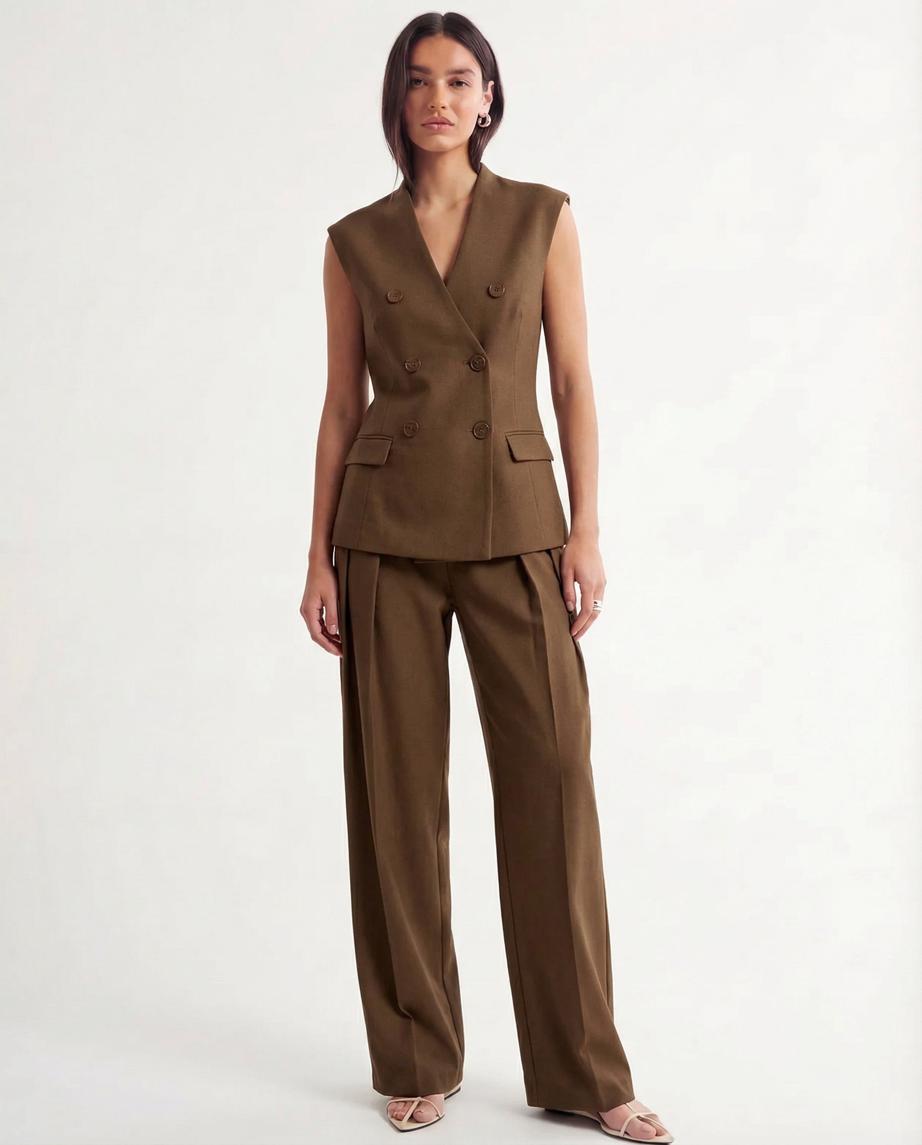 coord sets,bottomwear, topwear,formal, semi-formal, summer,urban fit, genz, minimal,woven,cotton twill,,,brown,solid,double breasted,buttons,regular fit top,waistcoat,longline top,straight hem,v neck,no straps ,no sleeves,sleeveless,button up top,pants,wide leg pants,full length,straight hem,mid rise waist,side pockets,OY3056, 25070026GG
