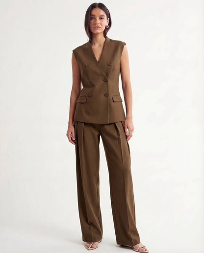 coord sets,bottomwear, topwear,formal, semi-formal, summer,urban fit, genz, minimal,woven,cotton twill,,,brown,solid,double breasted,buttons,regular fit top,waistcoat,longline top,straight hem,v neck,no straps ,no sleeves,sleeveless,button up top,pants,wide leg pants,full length,straight hem,mid rise waist,side pockets,OY3056, 25070026GG