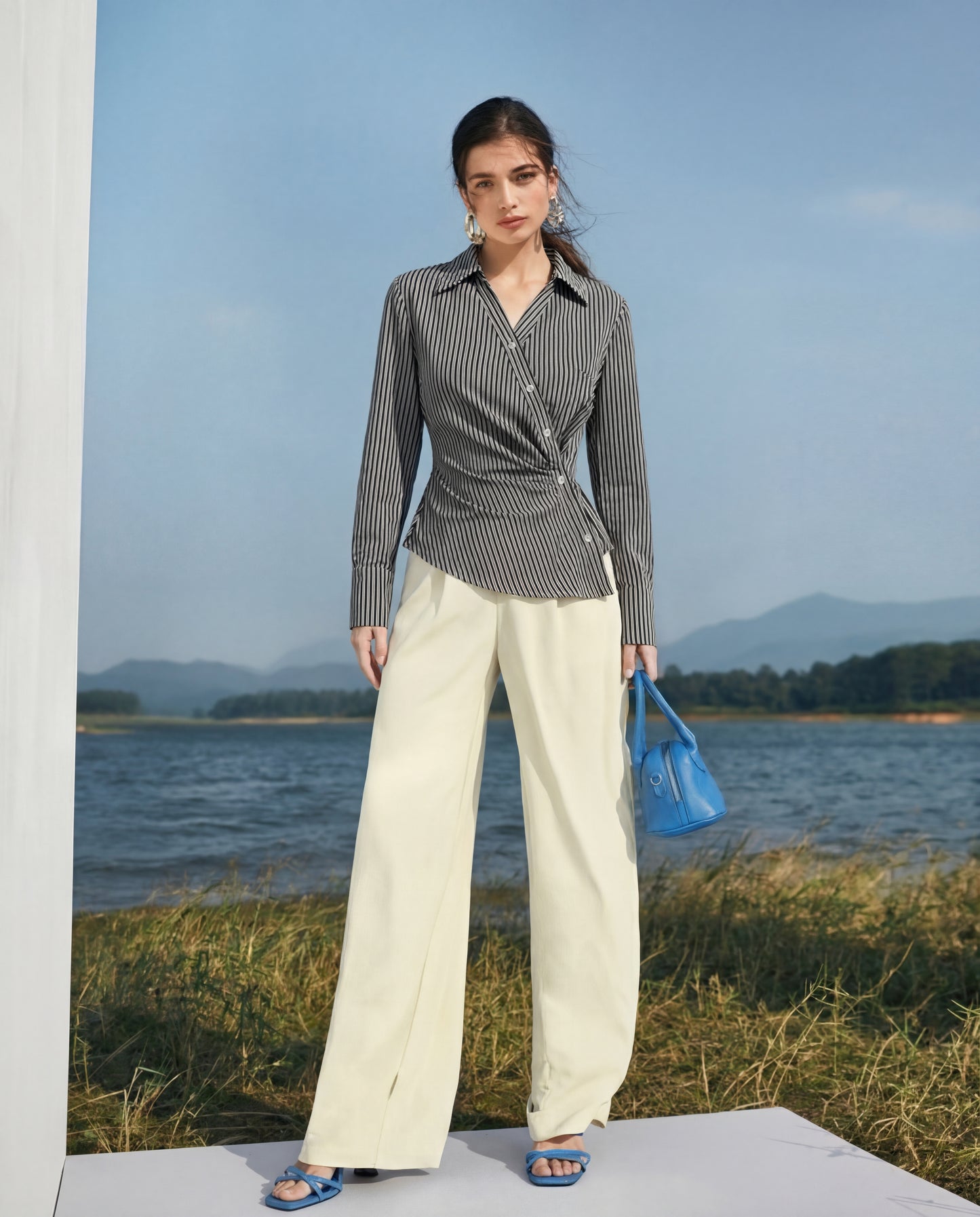 Black pinstripe shirt for women's office wear with tailored fit and breathable fabric, effortless styling for full day comfort