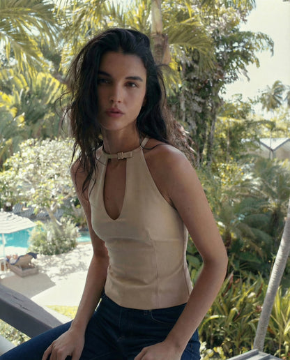 HALTER TOP,beige, belt, buckle, casual, cutout, elastane, fitted, halter neck, knitted, polyester, regular, sleeveless, stretchable, tailored fit, tops, topwear,halter-top-beige,Color- Beige
Fabric- Poly Spandex
Type- Fitted
Fit- Skinny Top
Length- Regular
Neck- Halter
Sleeves- Sleeveless
Trims- Buckle
Details- Cut Out Details with a tab on the chest
