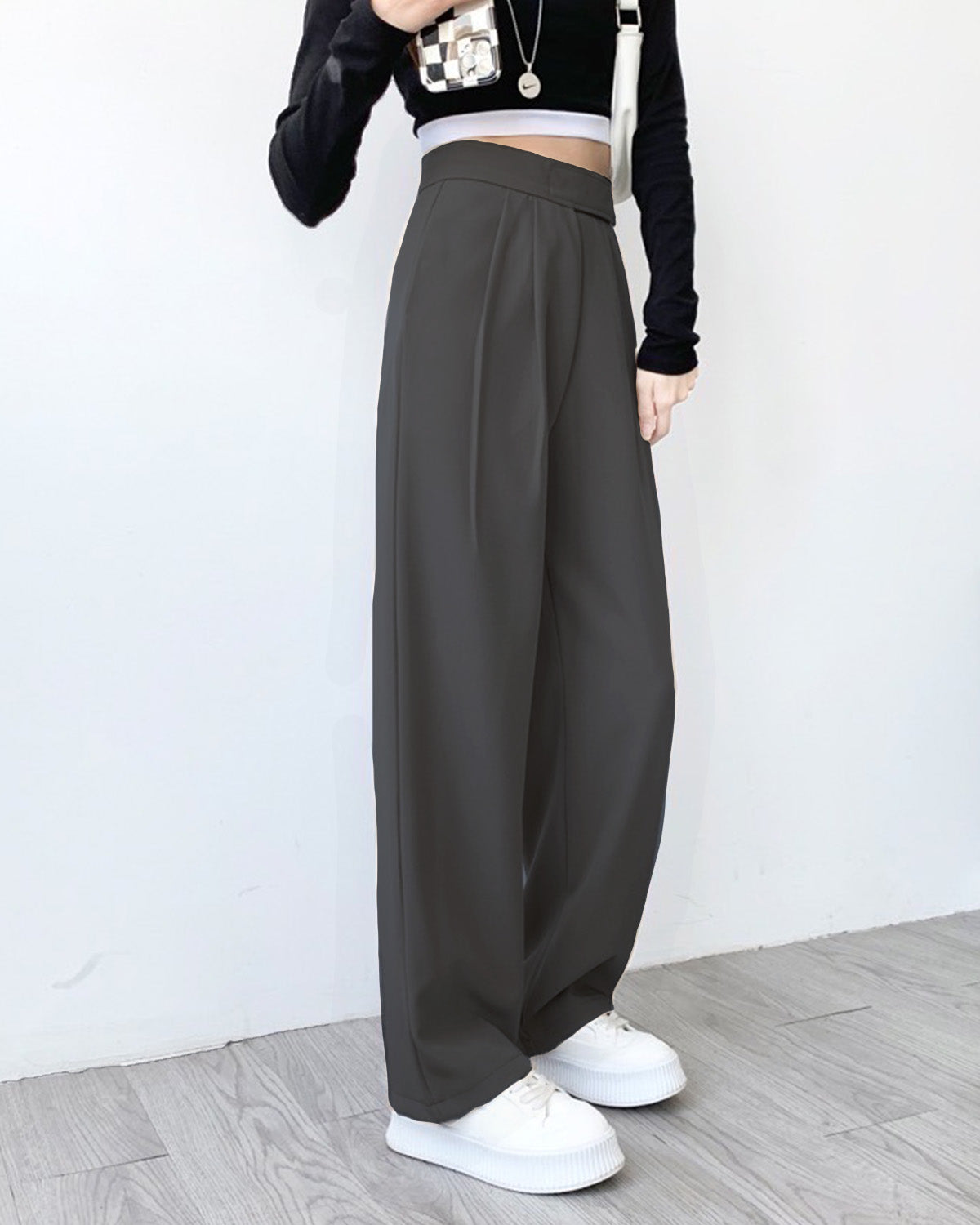 OVERLAP WAISTBAND PLEATED PANTS,Color: Dark Grey
Fabric: 95% poly 5% spandex
Fit: Straight Fit 
Length: Full Length (41")
Waist: High Rise 
Closure: Zip & Hook
No. of Pockets: 2
Print: Solid,pants,bottomwear,pants,semi-formal,workwear,stretchable,polyester, spandex,dark grey,pleated,straight fit,straight,full length,high rise