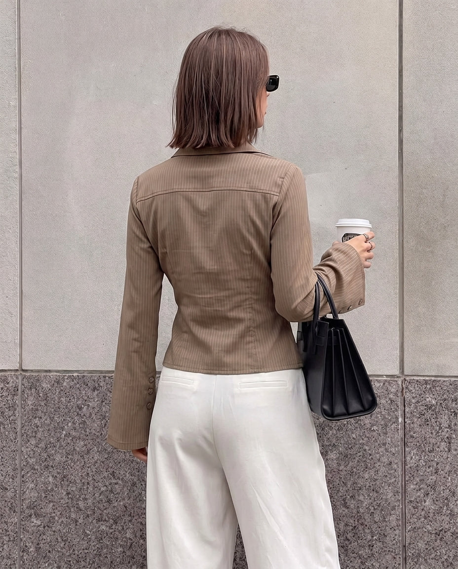 Beige Pinstripes Flared Sleeves Shirt