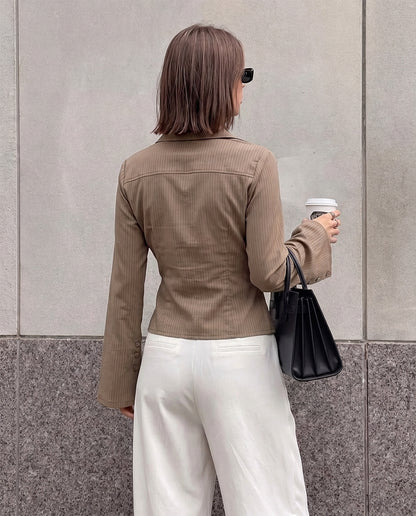 Beige Pinstripes Flared Sleeves Shirt