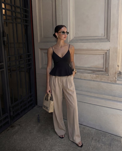 Black Spaghetti Cotton Top and Corset Waist Pleated Pants