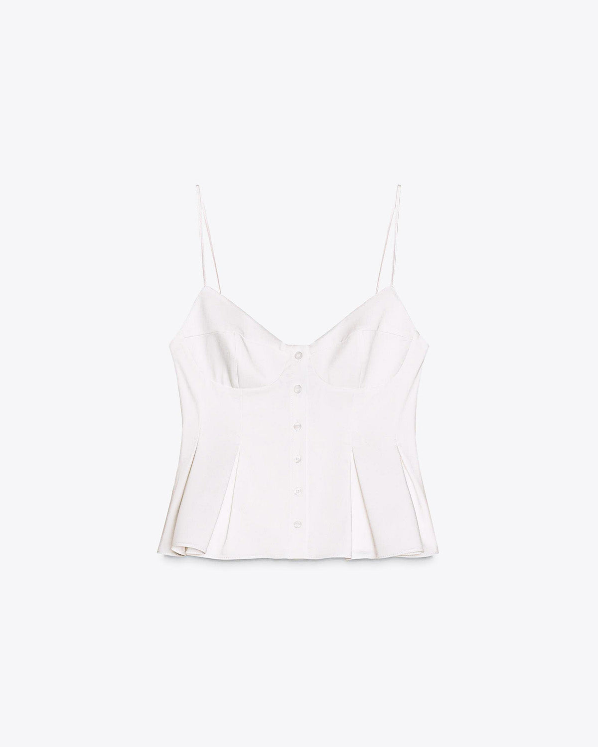 topwear,tops,outdoor events,bold, glam,woven,cotton,white,solid,flounce,zipper,skinny fit,peplum,waist length,flared hem,v-neck,spaghetti strap,sleeveless, OY1916, 25060021GG