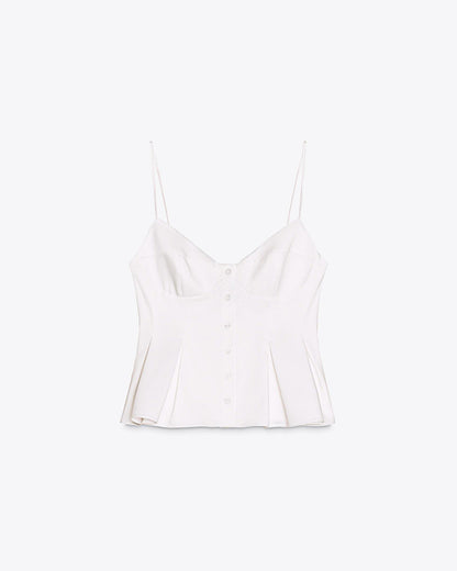 topwear,tops,outdoor events,bold, glam,woven,cotton,white,solid,flounce,zipper,skinny fit,peplum,waist length,flared hem,v-neck,spaghetti strap,sleeveless, OY1916, 25060021GG
