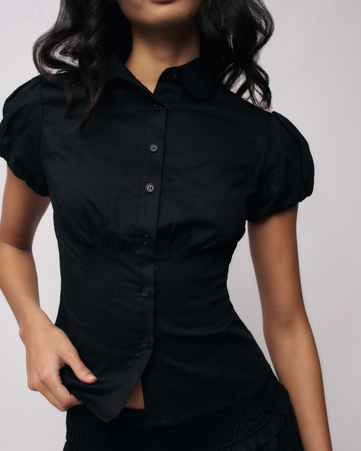 topwear,tops,casual, semi-formal,minimal, summer, timeless,woven,cotton,black,solid,ruched,button,slim fit,waist length,curved hem,collared,puff sleeves,OY1905	,25060005GG